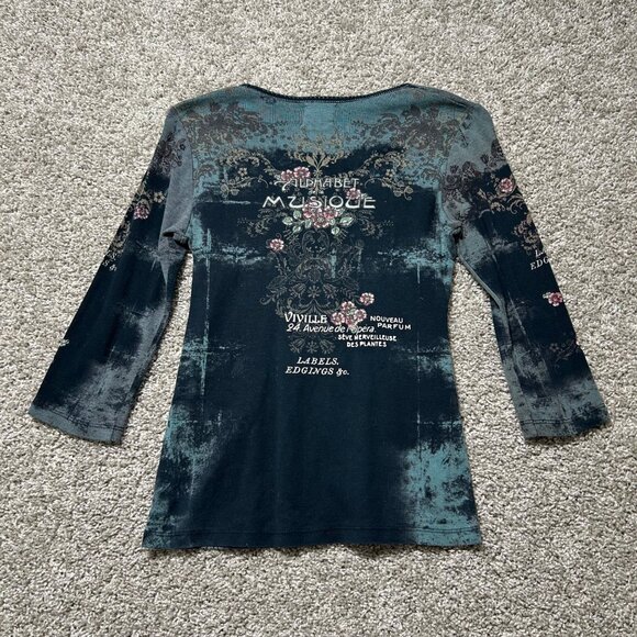 Y2K Skinny Minnie Sz M Alphabet Musique Graphic Top Floral & Script Design - Picture 4 of 9